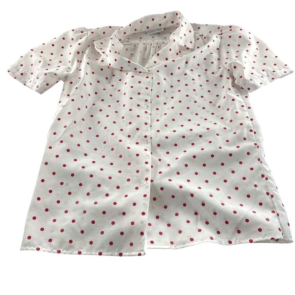 Vintage Copy‎ Cats Womens White Red Polka Dot Button Down Blouse Made in USA 14